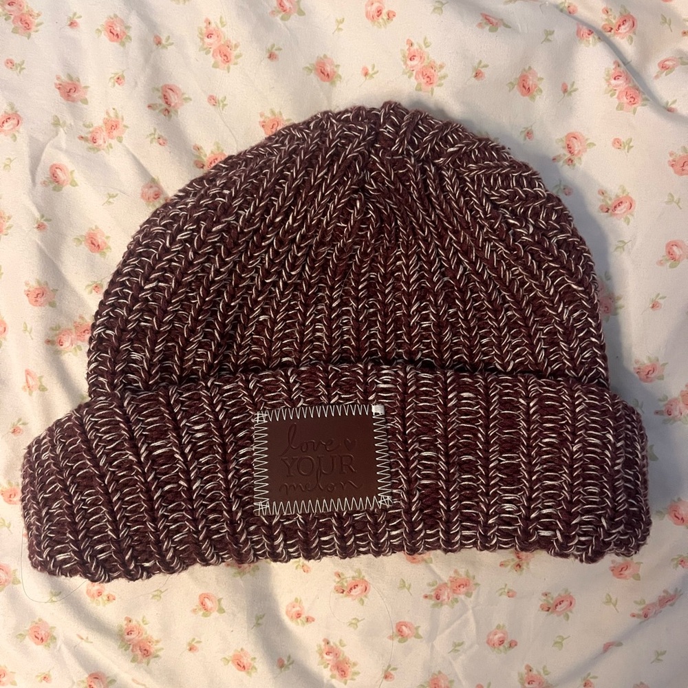 Love Your Melon Chunky Knit Purple and White Beanie